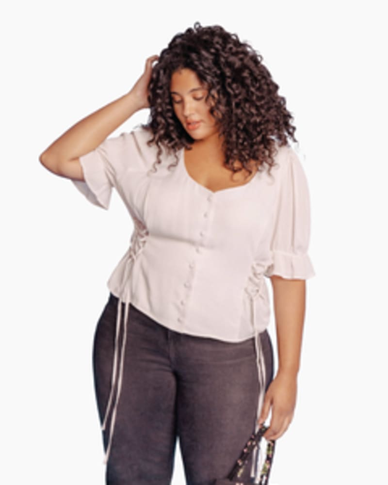 Front of a model wearing a size L Cora Lace-Up Blouse in IVORY by Lovefool. | dia_product_style_image_id:249605
